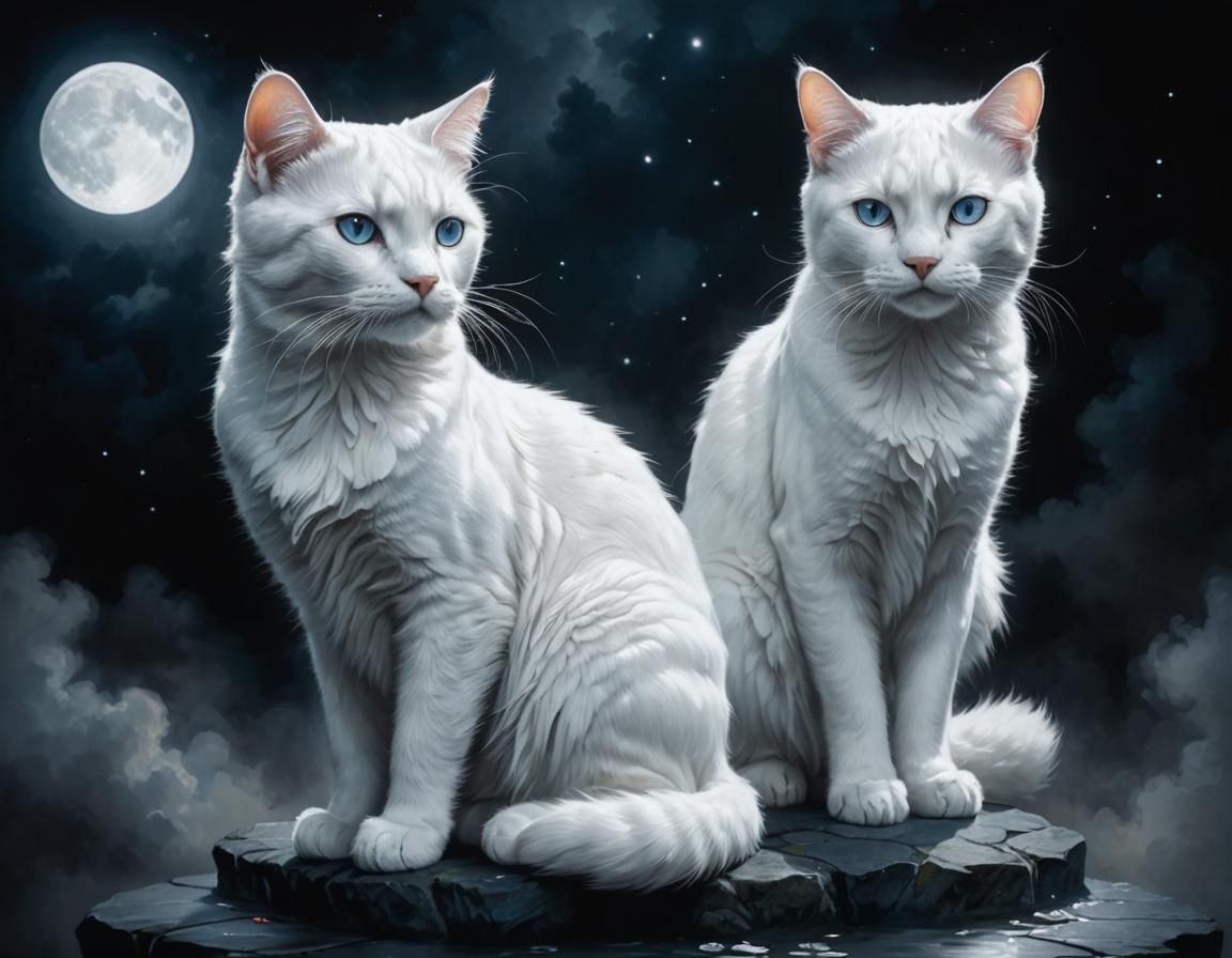 Hyperrealistic White Cats in Moonlight