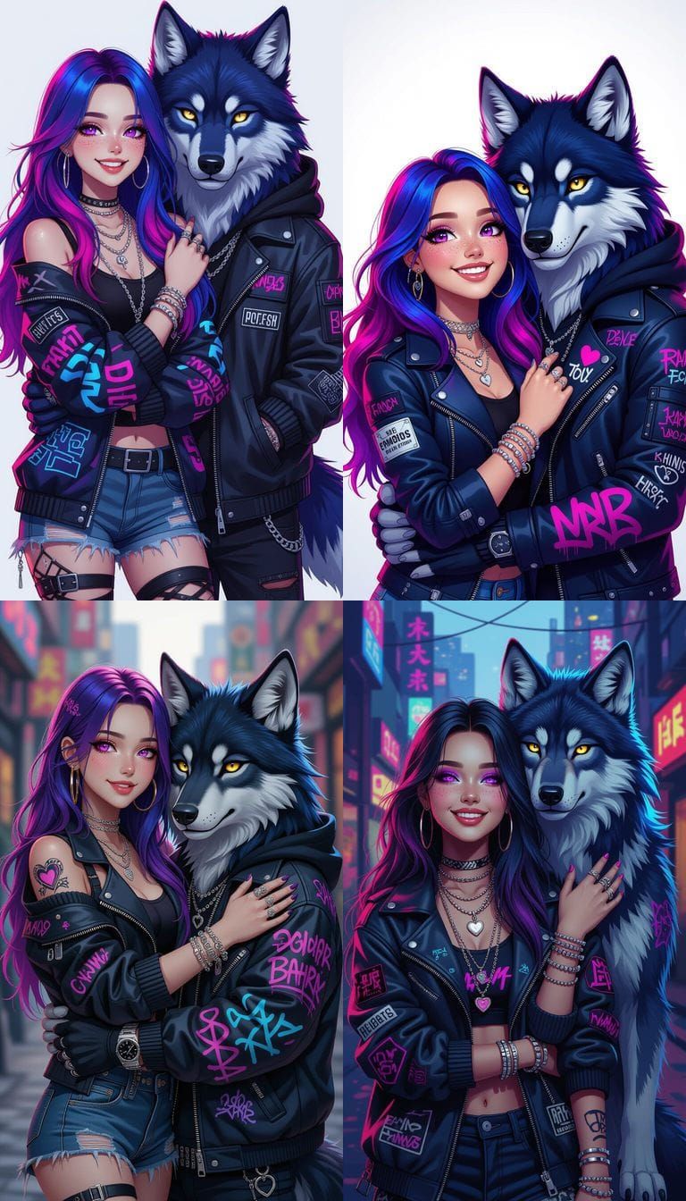 Cyberpunk Woman Embraces Wolf Companion in Digital Art Style