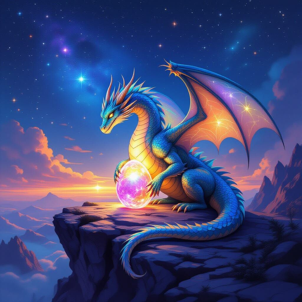 Majestic Cosmic Dragon Guards Glowing Egg