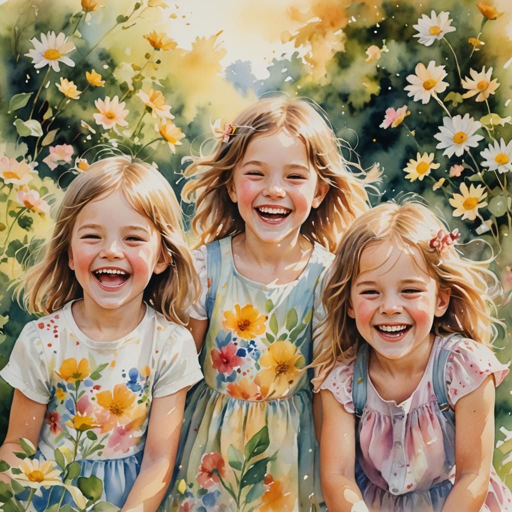Children Playing in Sunny Garden, Watercolor Impressionism