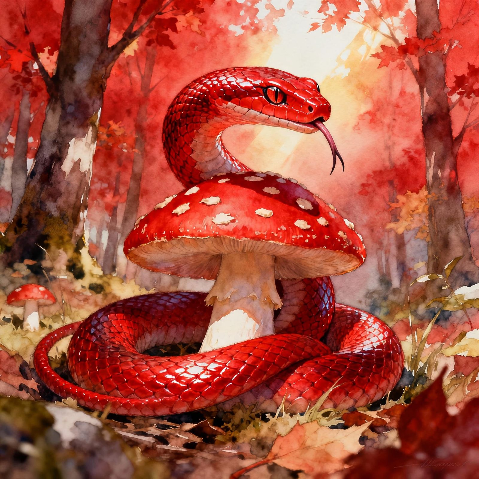 Red Snake Coiled Around Mushroom in Autumn Forest Watercolor