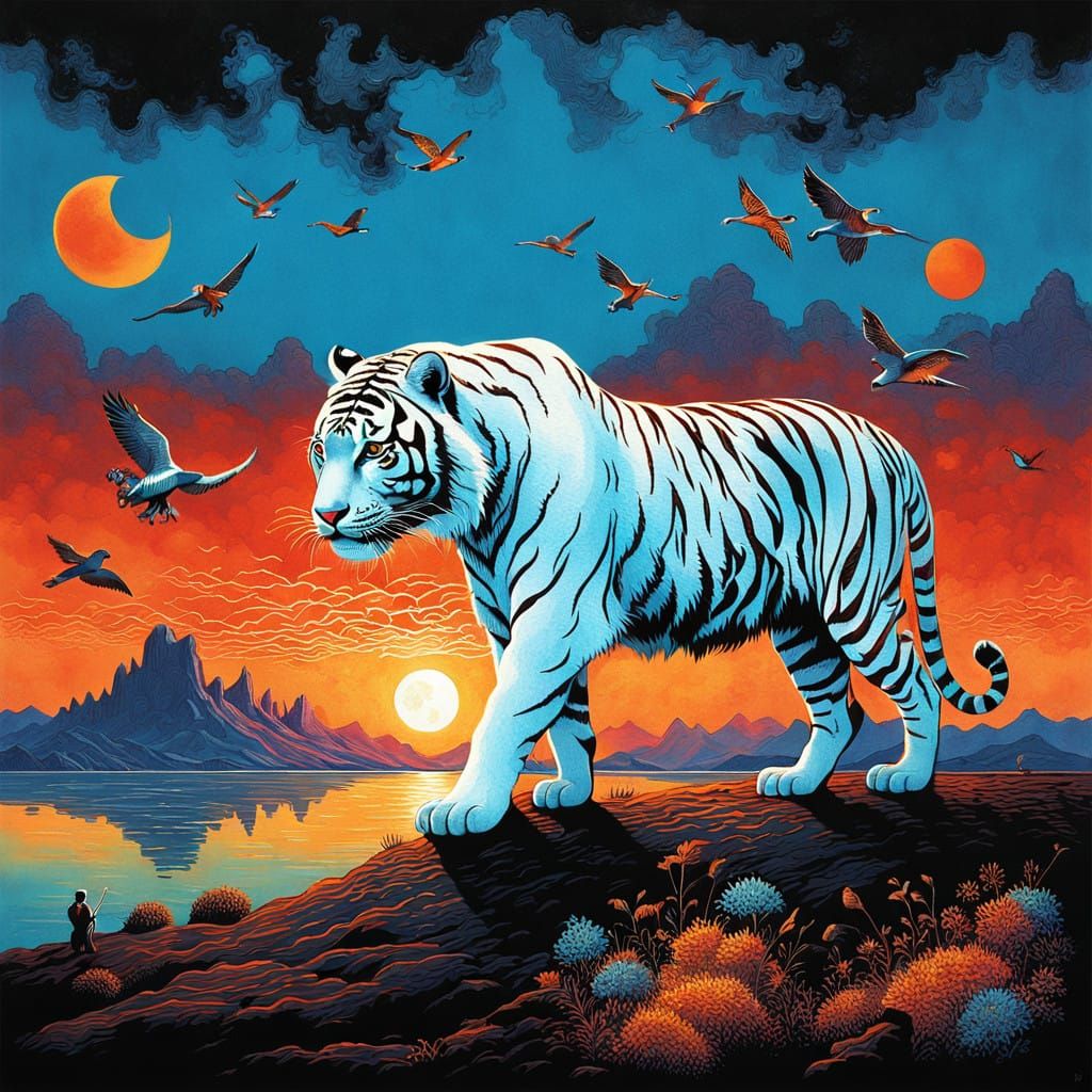 Surrealist Tiger Transforms in Ethereal Sunset Scene
