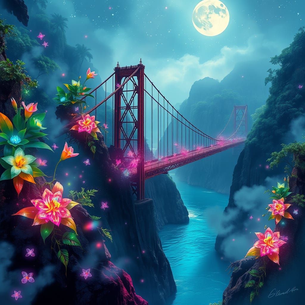 Dreamlike Landscape with Luminous Bridge and Tropical Gorge