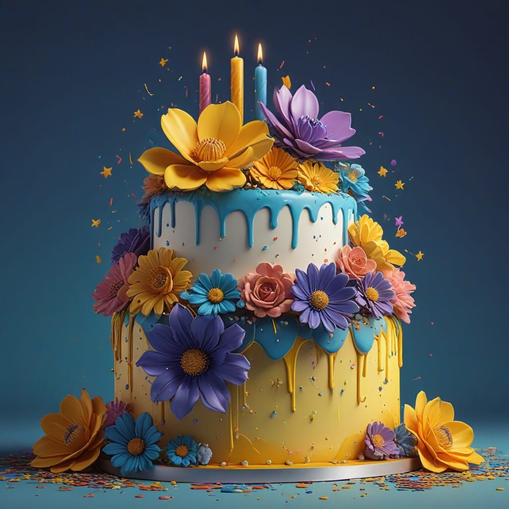 Majestic Oversized Cake with Giant Flowers, Vibrant Candles,...