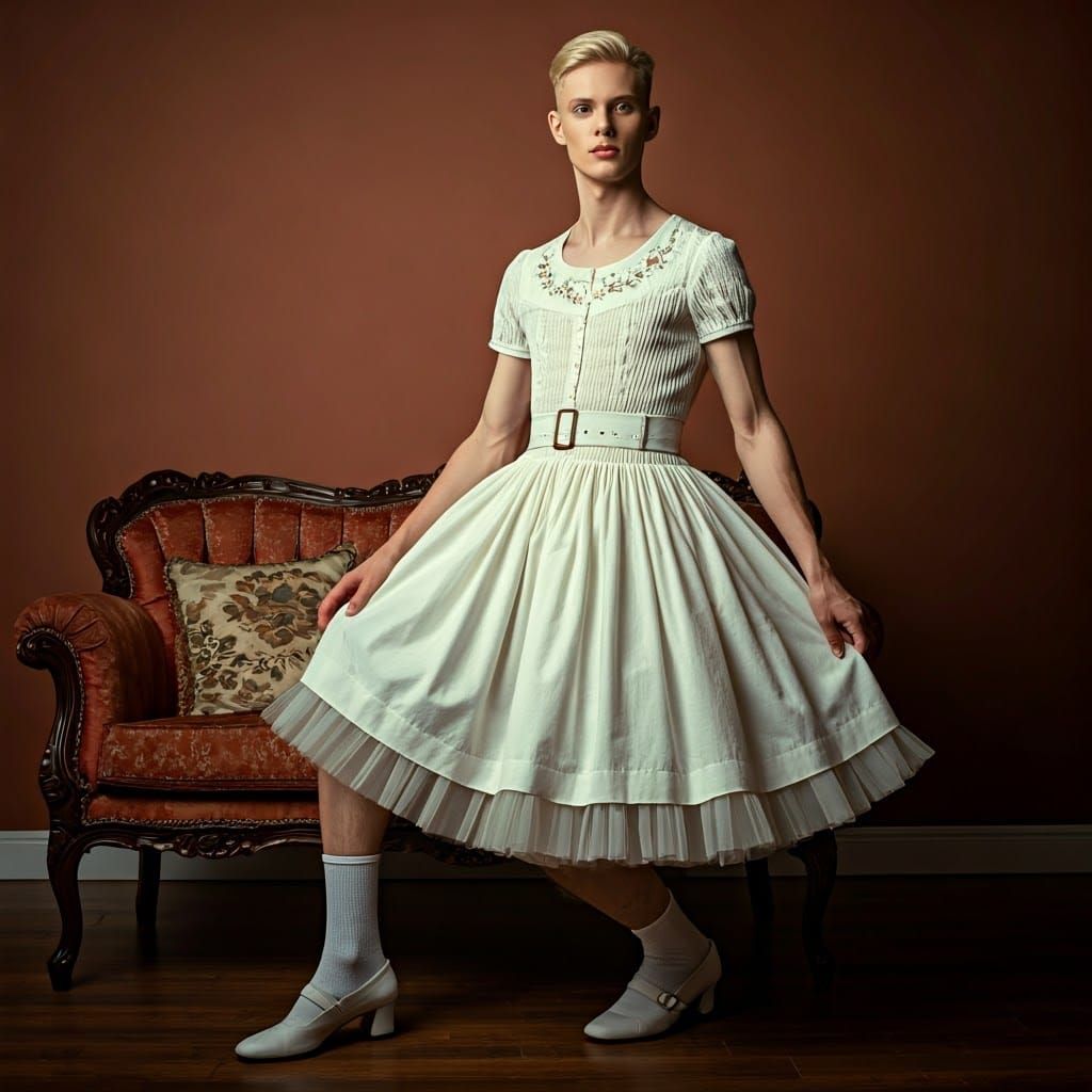 Elegant Androgynous Male in Handcrafted Smocked Dress with E...