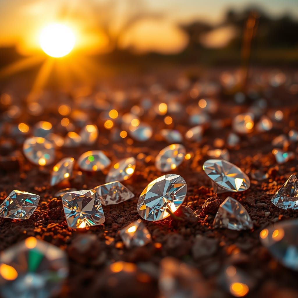 Raw Diamonds on African Soil at Sunset