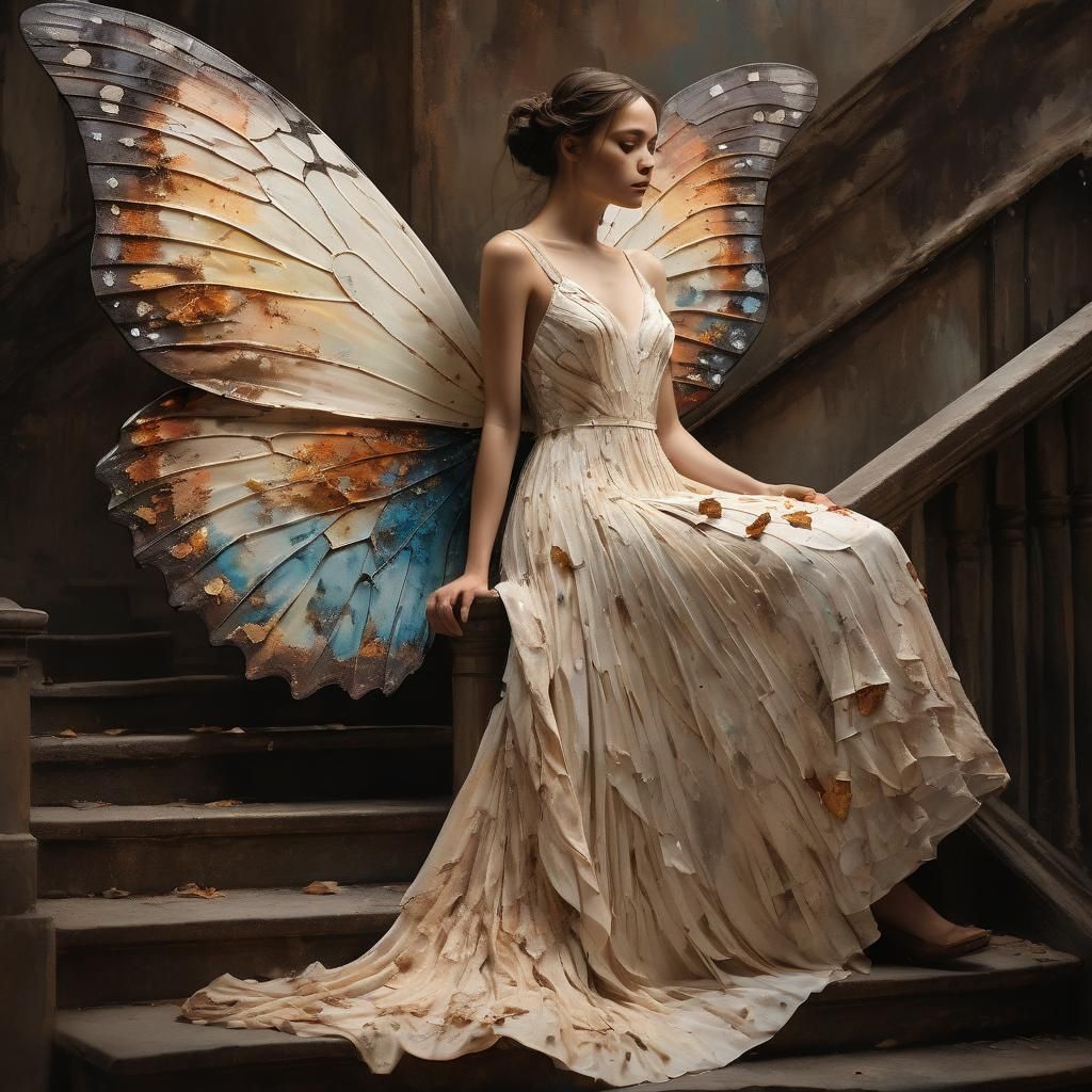 Woman with Butterfly Wings in Enchanted Garden