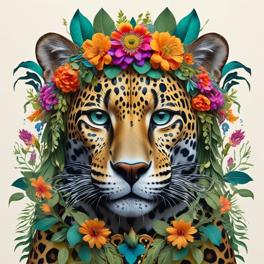 Magical Realist Jaguar Portrait with Ornate Floral Headdress