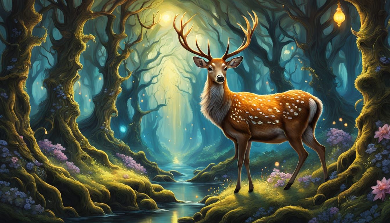 Guardian Deer in Mythic Enchanted Forest Oil Painting