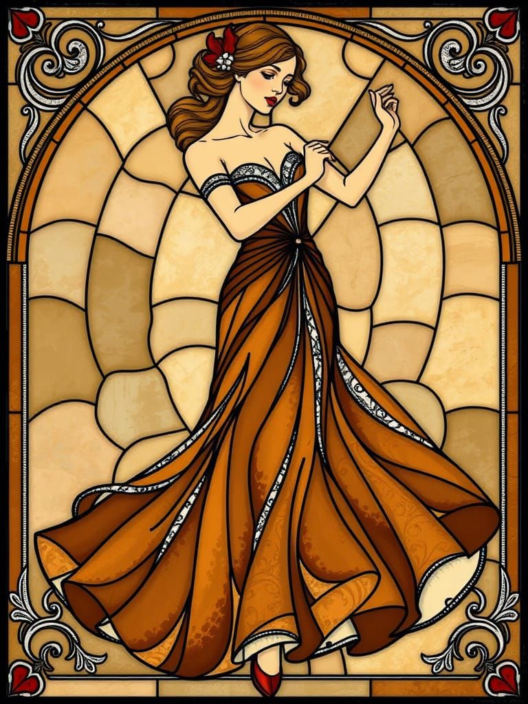 Art Nouveau Stained Glass Woman in Gown