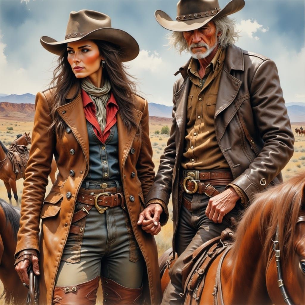 Western Brunette in Duster Coat, Dramatic Lighting