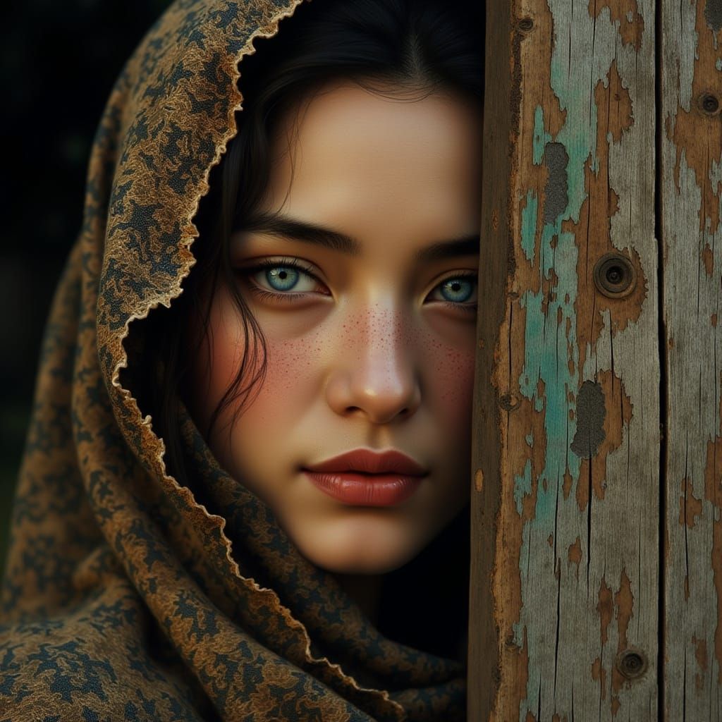 Woman's Face Peering Through Wooden Boards with Blue Eyes