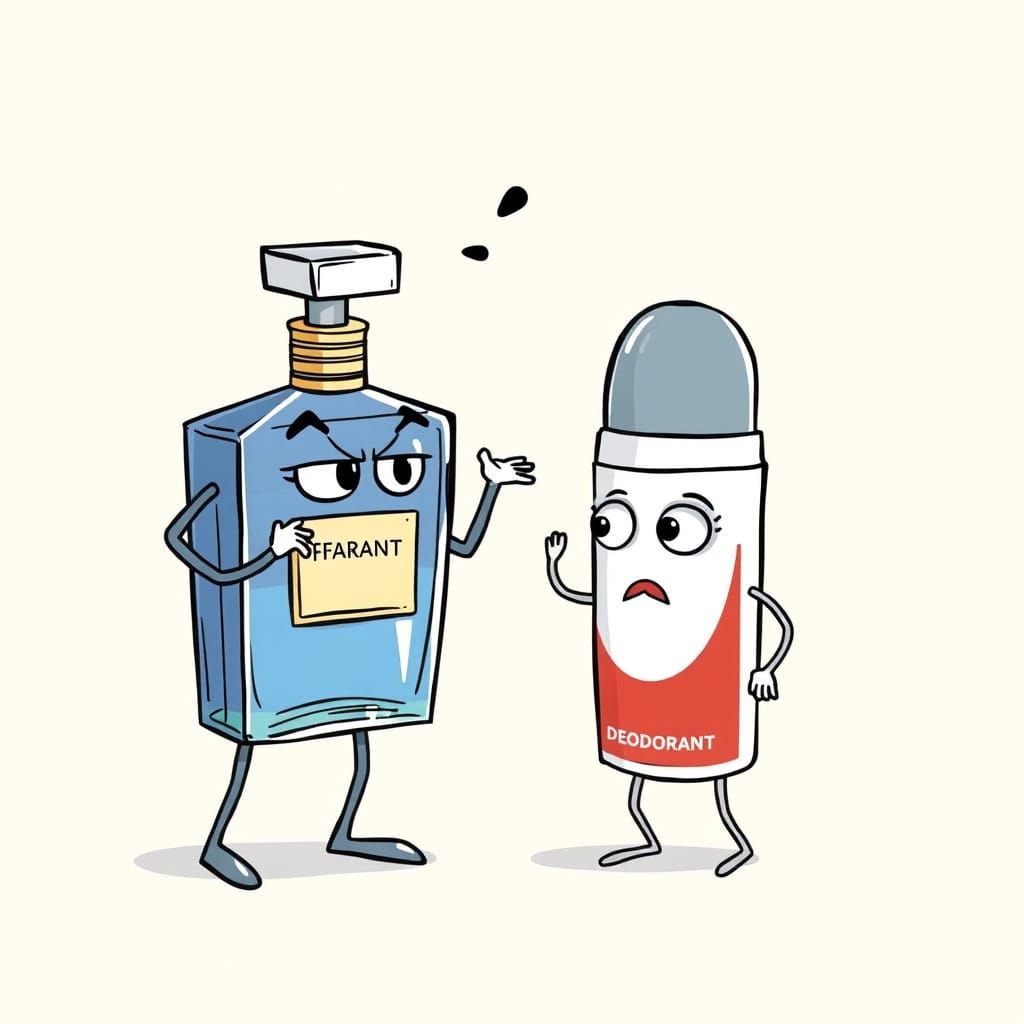 Cartoon Perfume Bottle Argues with Deodorant