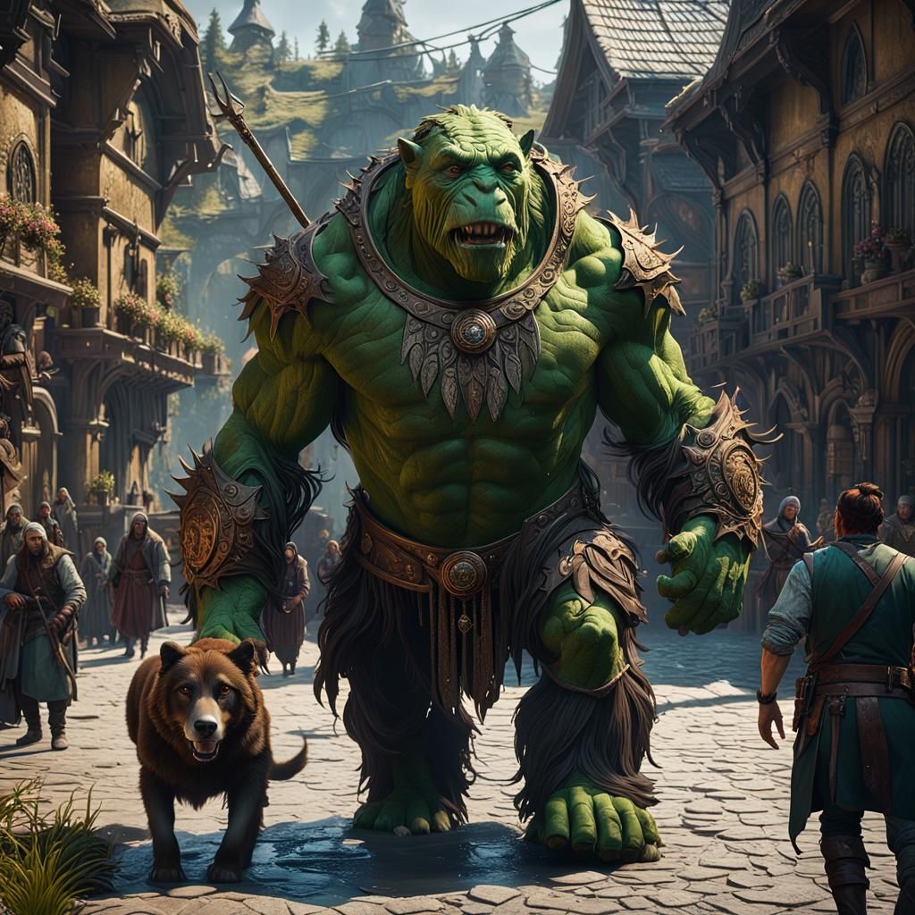 Ogre vs Human Street Fight in Dark Fantasy Style