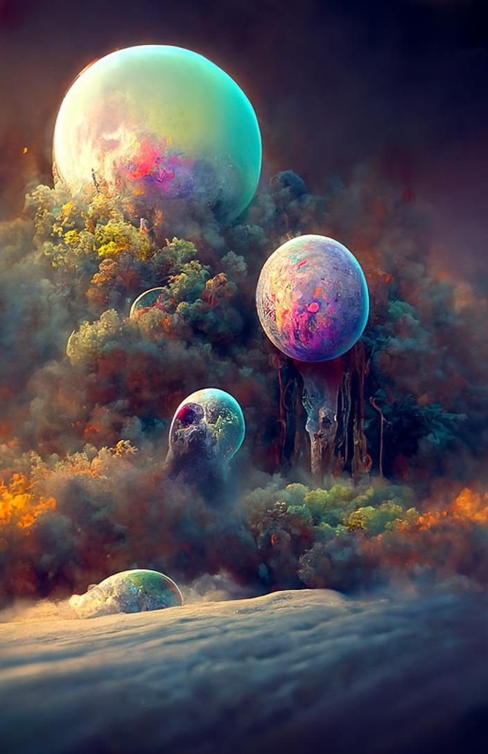 Alien Moons in Colorful Fog: Digital Matte Painting