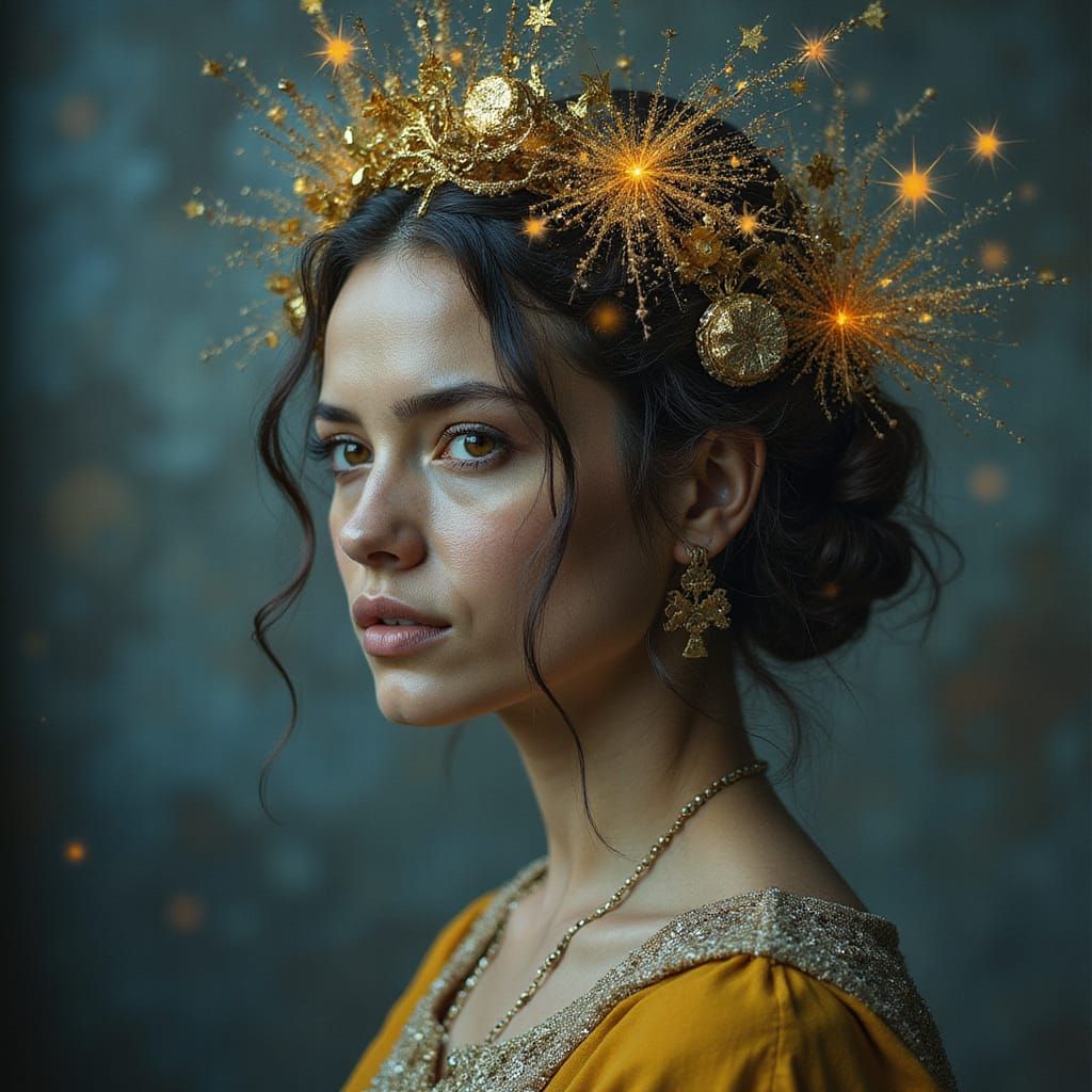Ethereal Portrait with Crown of Stars in Pre-Raphaelite Styl...