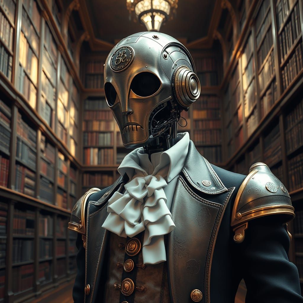 Android Butler in Library, Steampunk Style