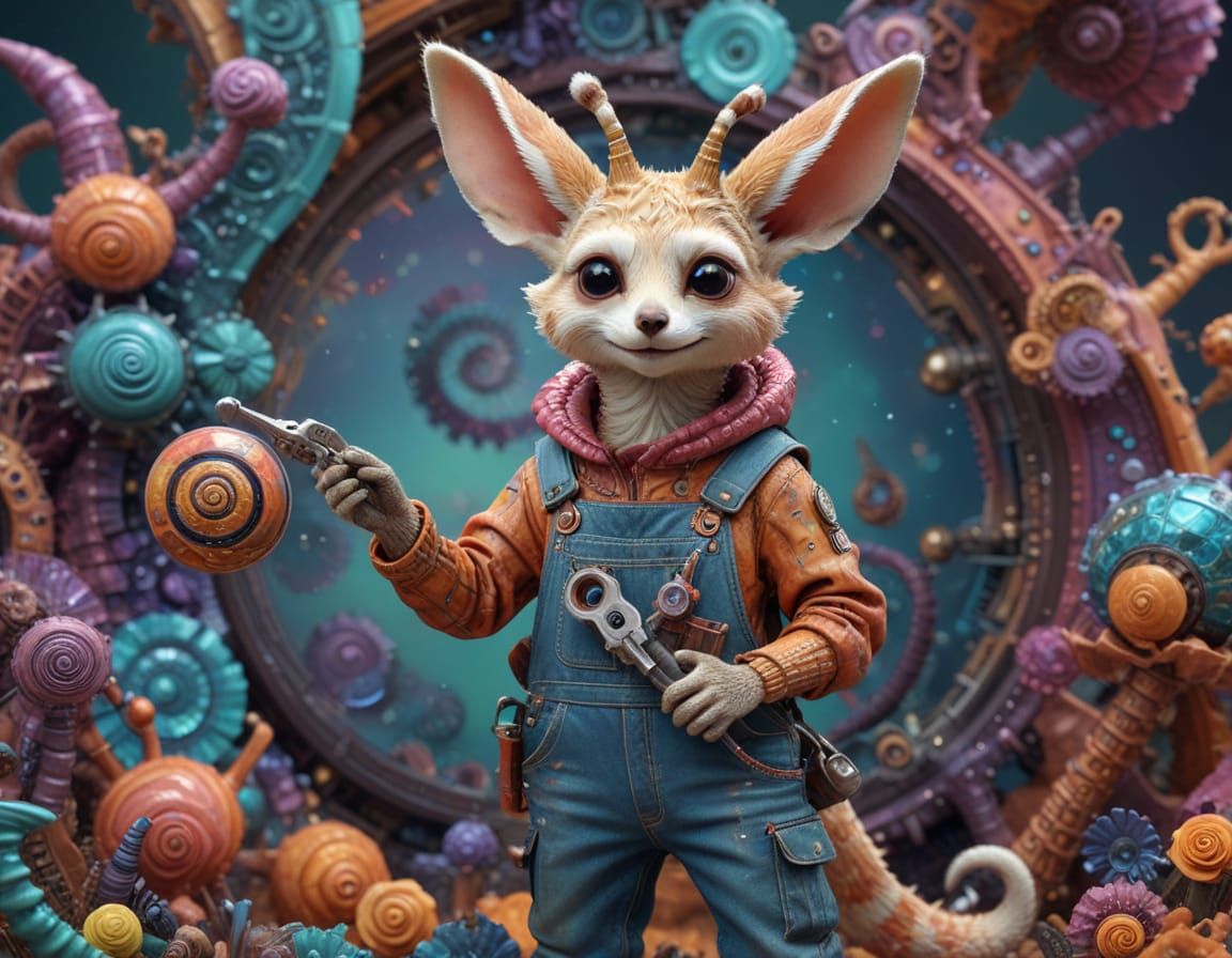 Whimsical Hybrid Creature Repairs Snail Shell in Hyper-Maxim...