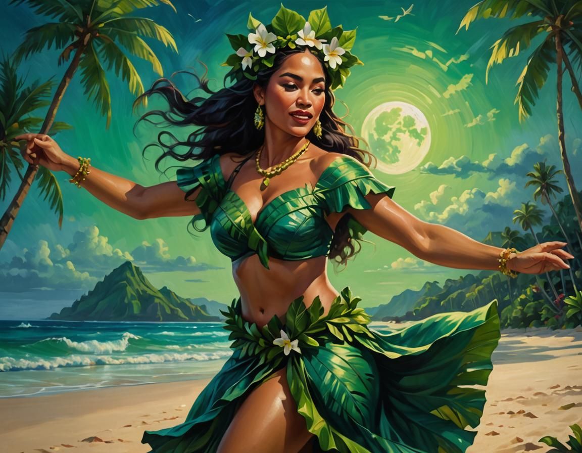 Polynesian Hula Dancer in Tropical Paradise Painting