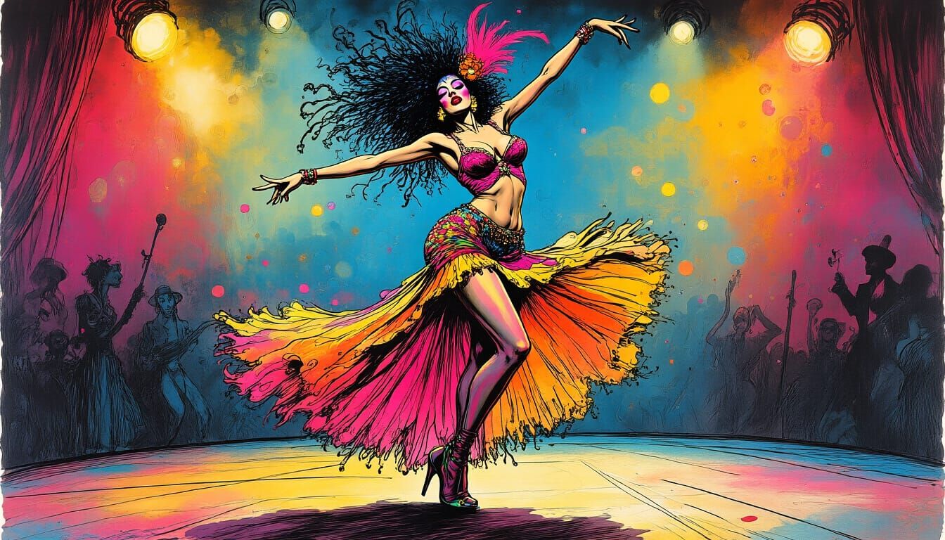 Psychedelic Showgirl: Etched Line Drawing in Surreal Style