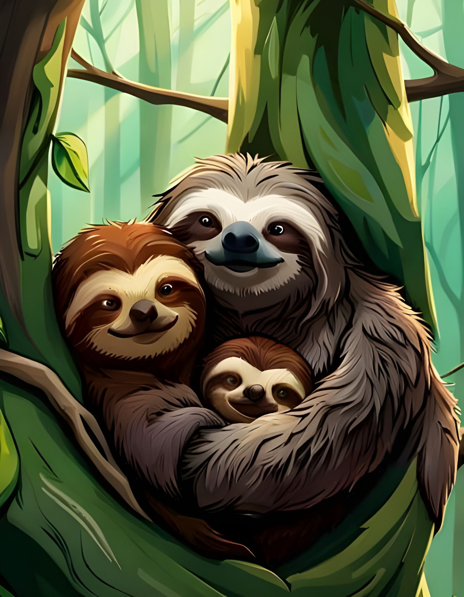 Sloth Family Portrait in Dreamy Forest, Detailed Art
