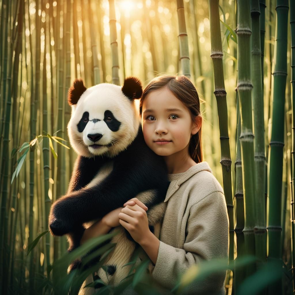 Cute Girl with Panda in Golden Hour Glow