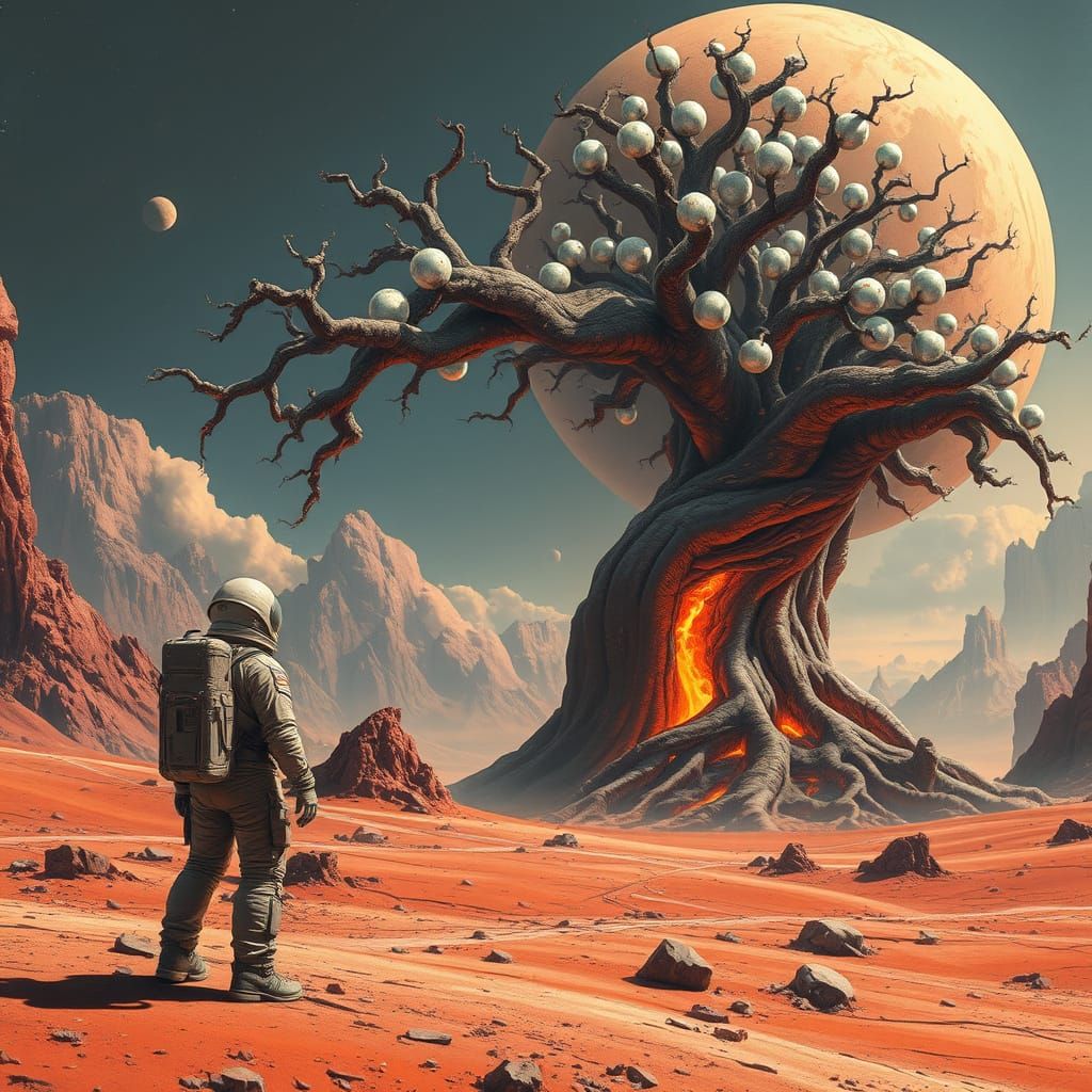 Cosmic Tree Giant on Alien Planet in Surreal Landscape