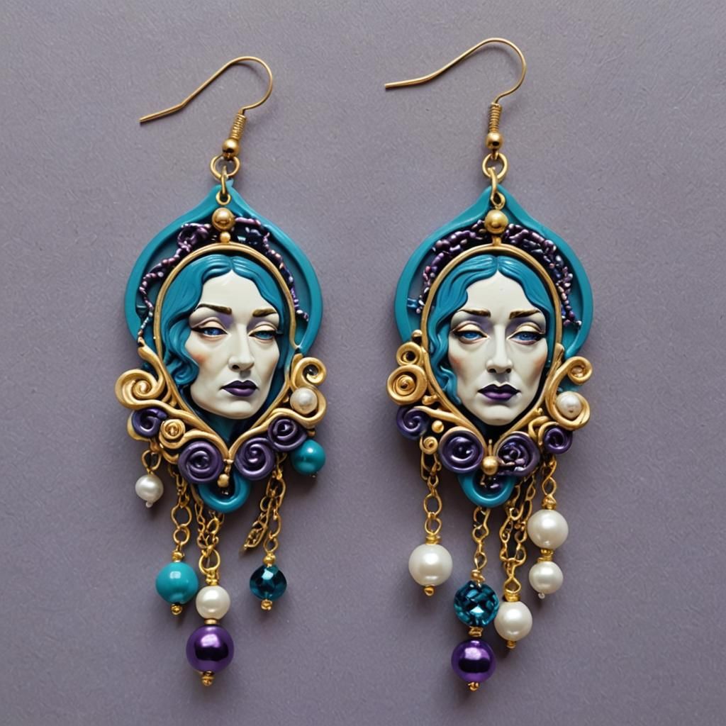 Surrealist Polymer Clay Earrings with Crystals and Pearls