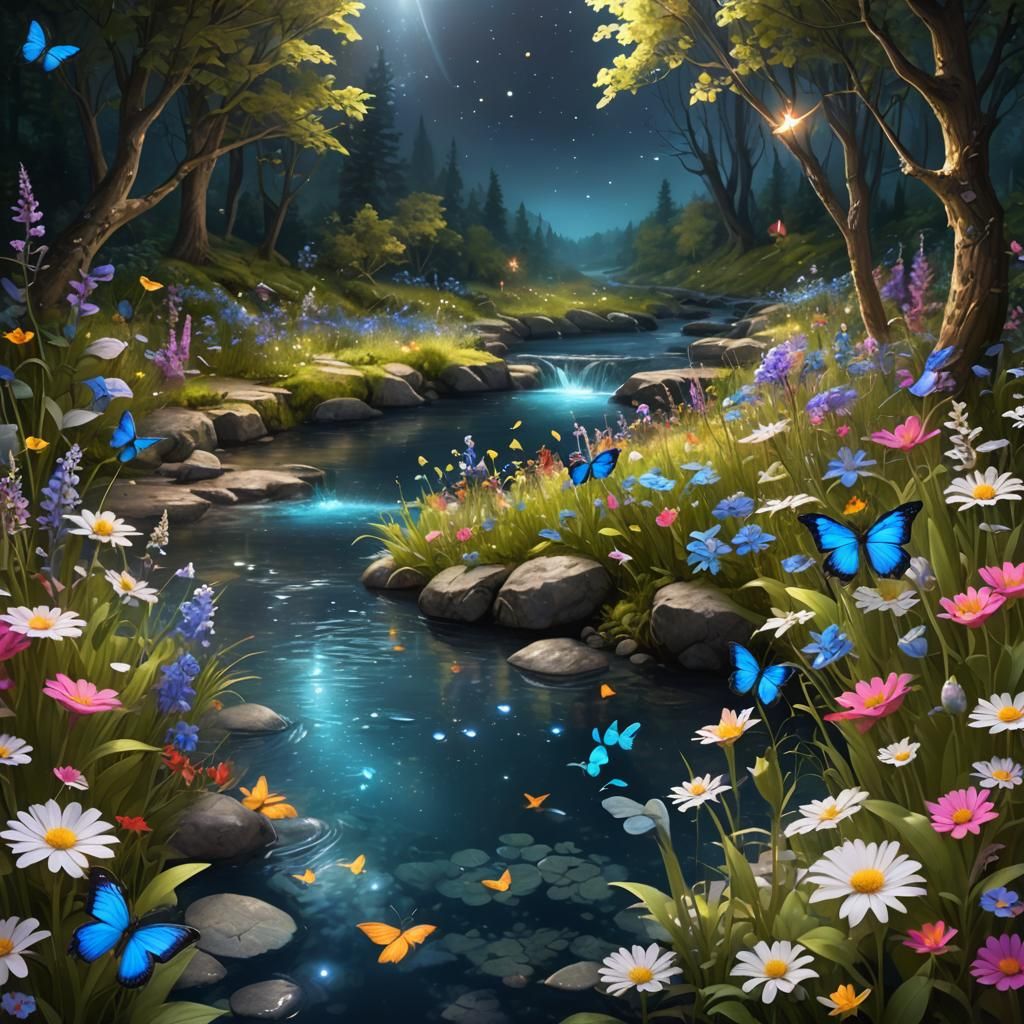 Enchanted Forest Stream with Wildflowers and Butterflies