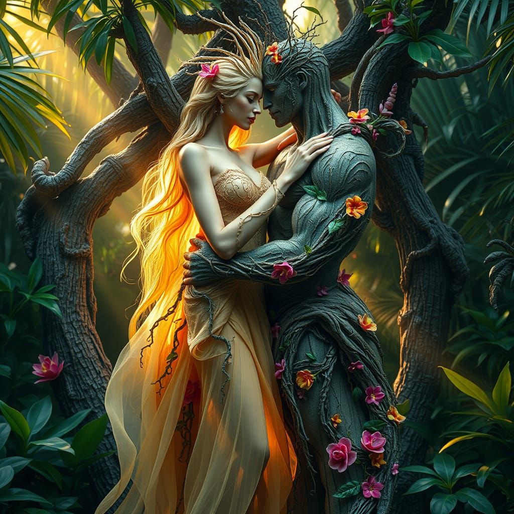 Ethereal Earth Goddess and God Embrace in Tropical Bloom