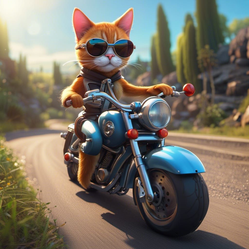 Cartoon Cat on Motorbike, 3D Rendered