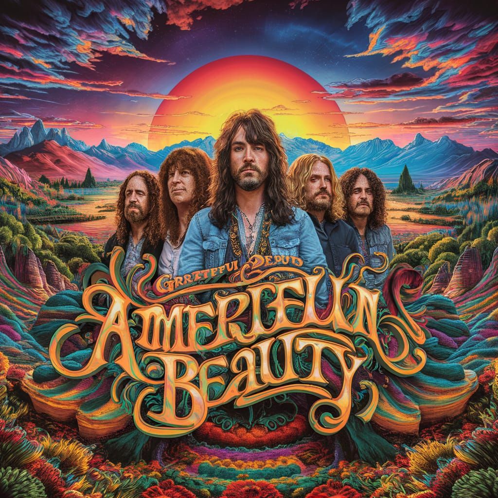 Grateful Dead Album Cover Art in Psychedelic Landscape