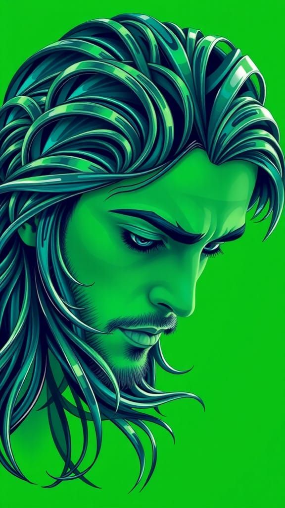 Cyberpunk Green Entity with Shattered Hair