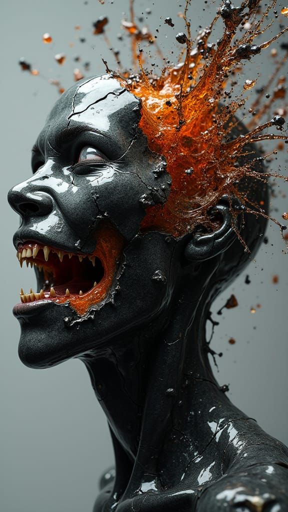 Humanoid Face Detonation in Molten Obsidian