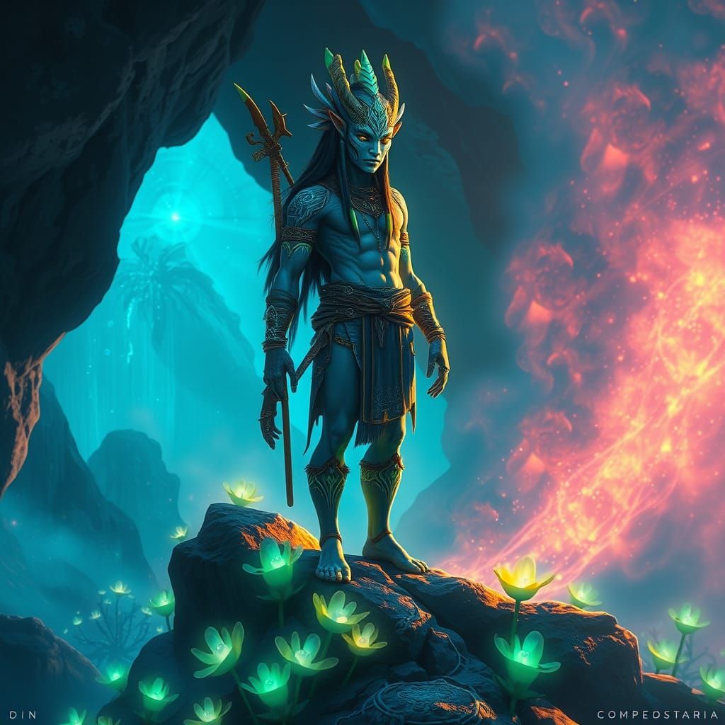 Na'vi Warrior in Bioluminescent Oceanic Environment