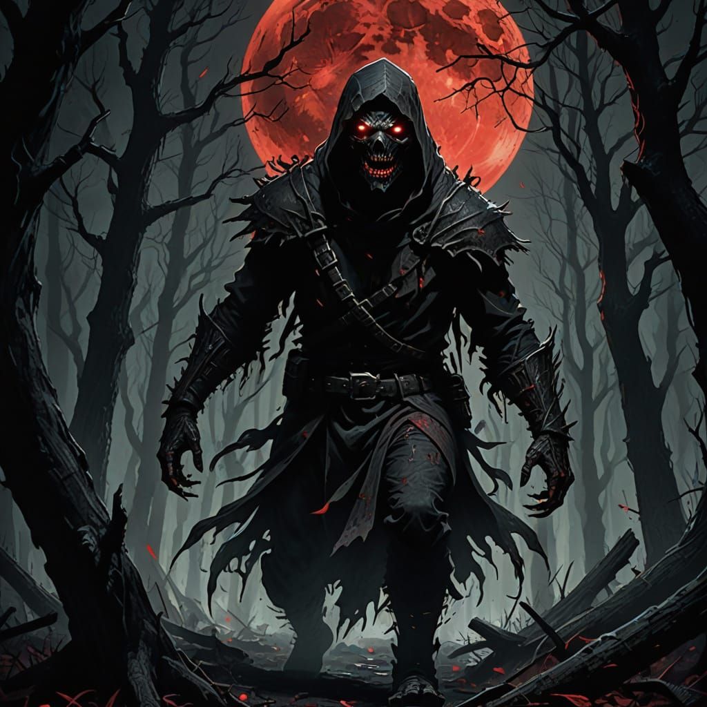 Grotesque Shadow Figure in Dark Eerie Forest Under Bloody Re...