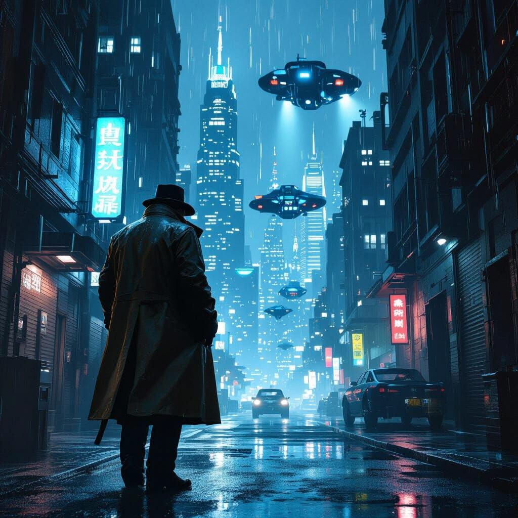 Detective in a Noir Cityscape, Retrofuturistic Style