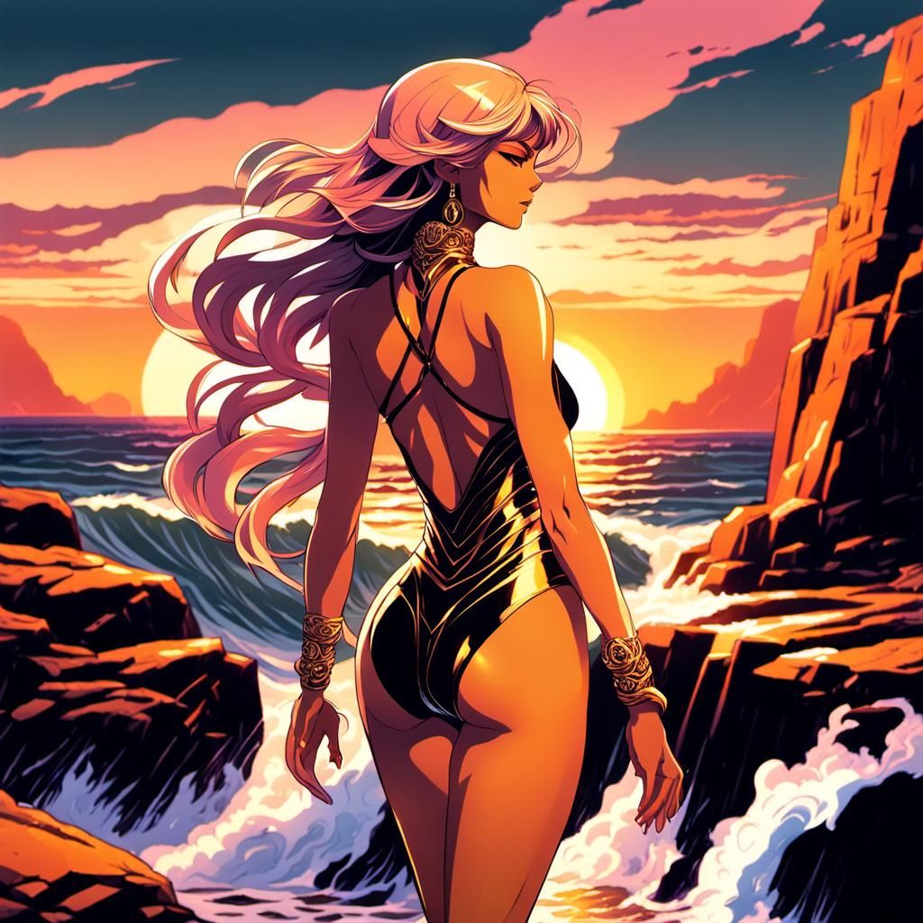 Anime Priestess on Rocky Coastline at Sunset
