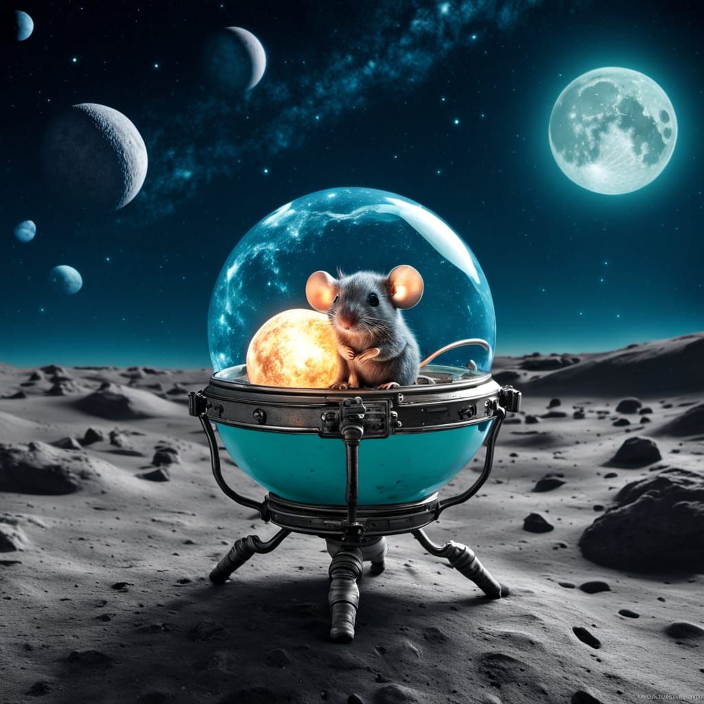 Aqua Chibi Mouse on Moon with Lantern