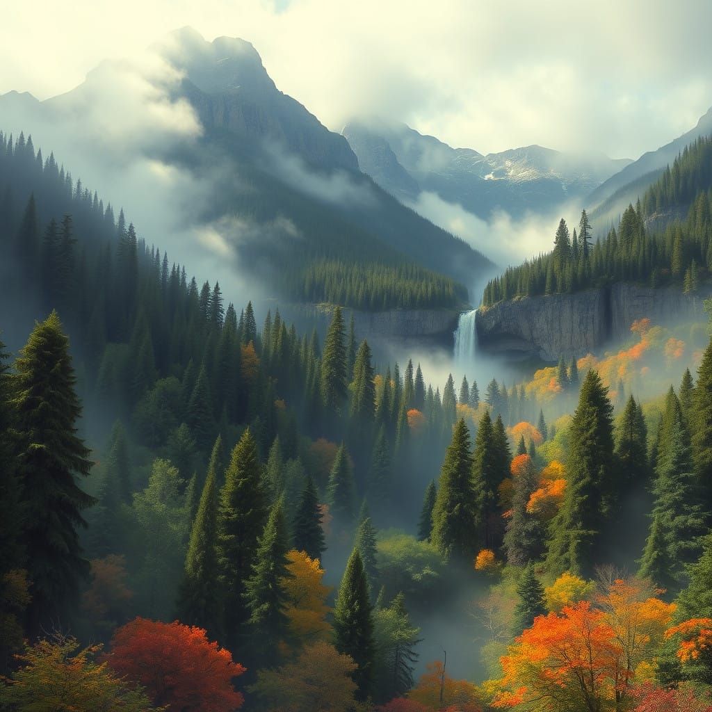 Dreamy Mountainscape with Waterfalls and Lush Foliage
