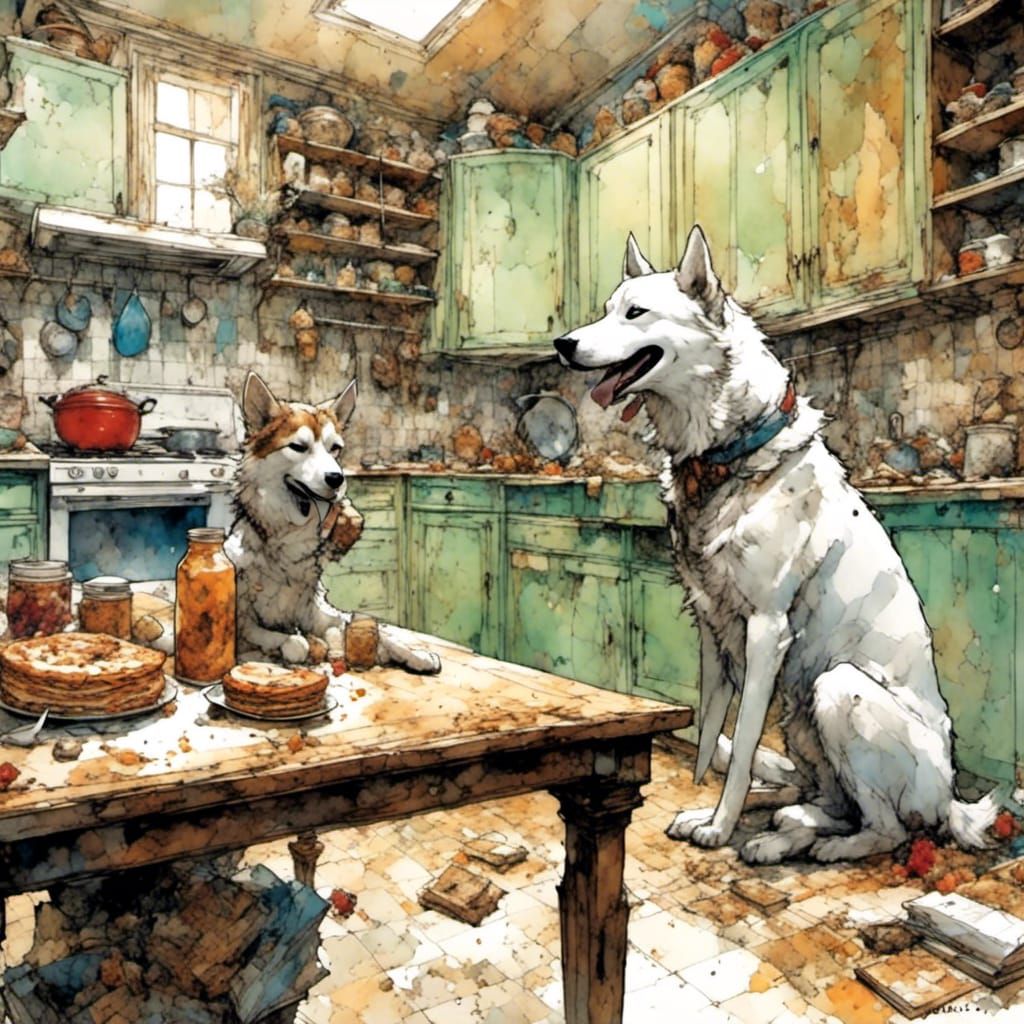 Husky Eating Sandwich in Comic Book Art Style