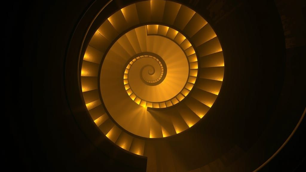 Endless Golden Spiral Staircase into Darkness