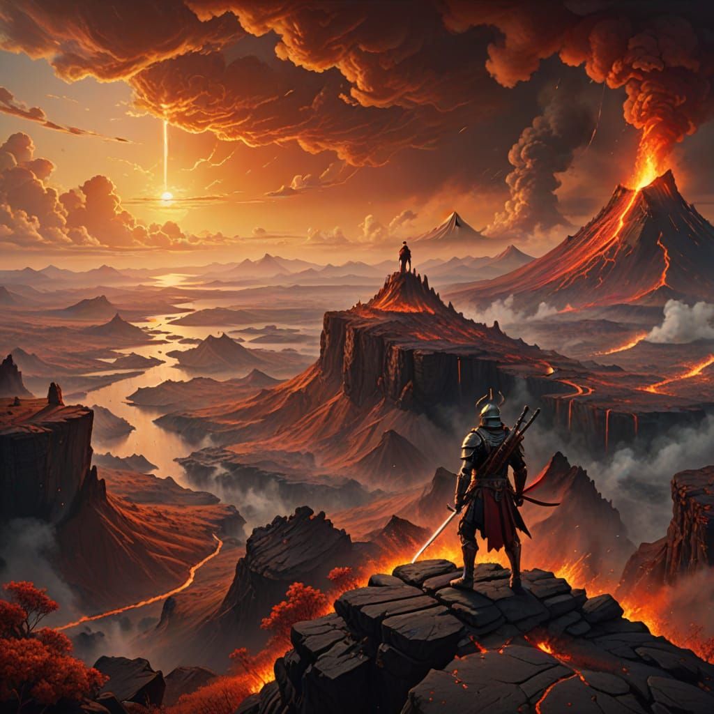 Epic Fantasy Warrior Stands at Edge of Volcanic Ruin
