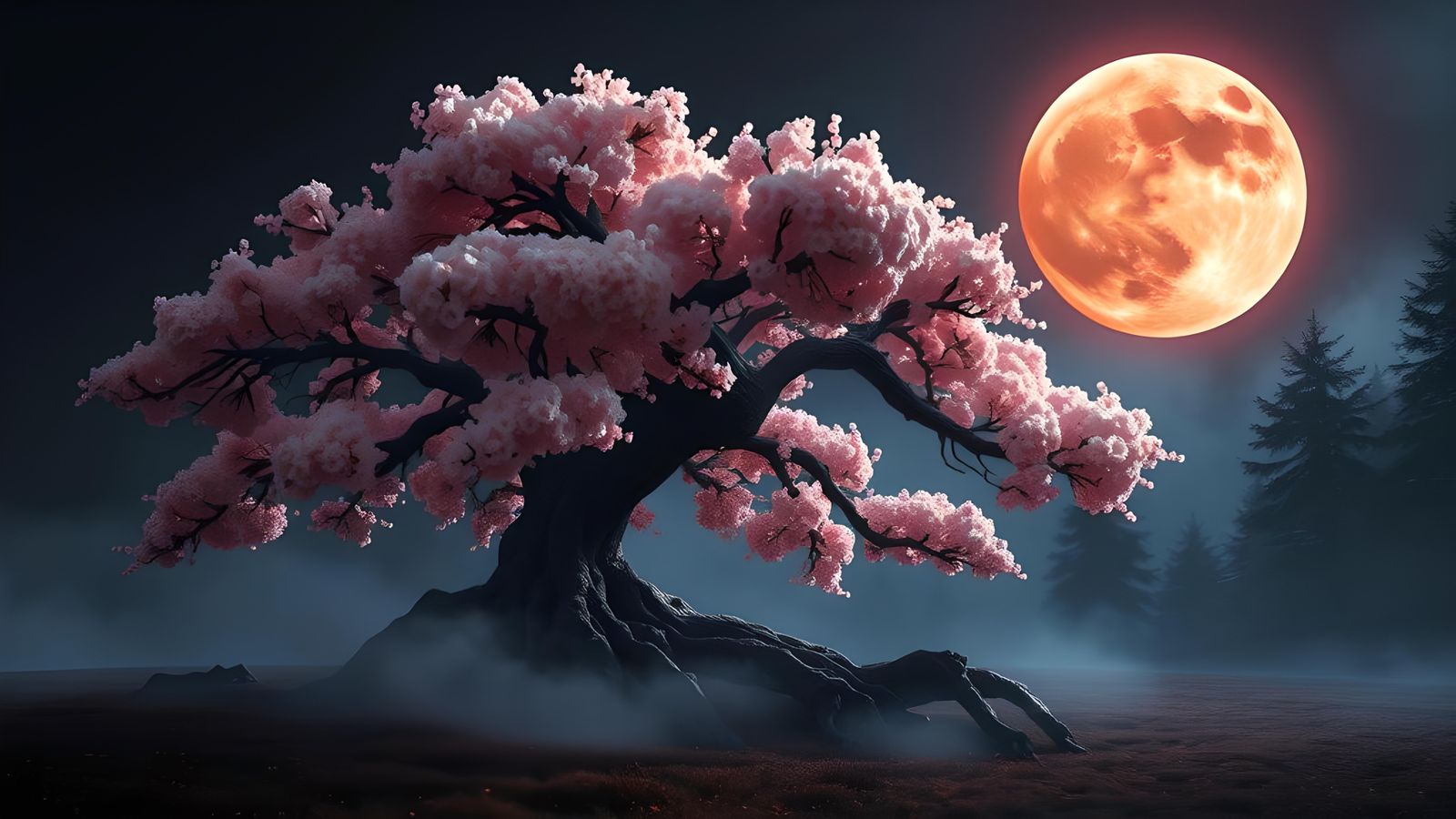 Cherry Blossom Tree Illuminates Dark Forest: Horror Art