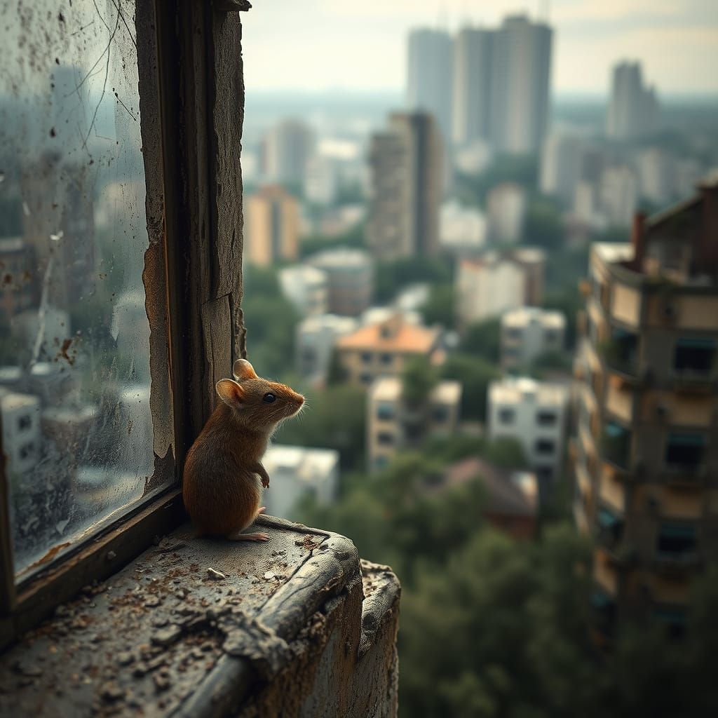 Mouse on Crumbling Sill Overlooking Overgrown City