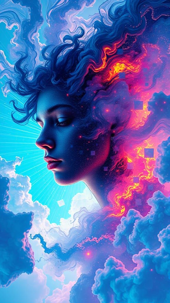 Fragmented Portrait Glitching into Iridescent Mist