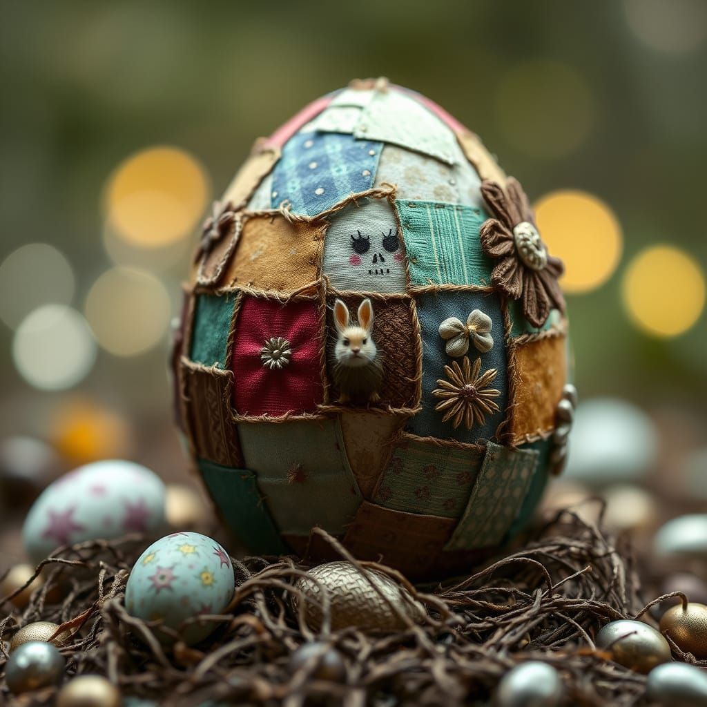 Whimsical Patchwork Easter Egg in Cinematic Bokeh Scene