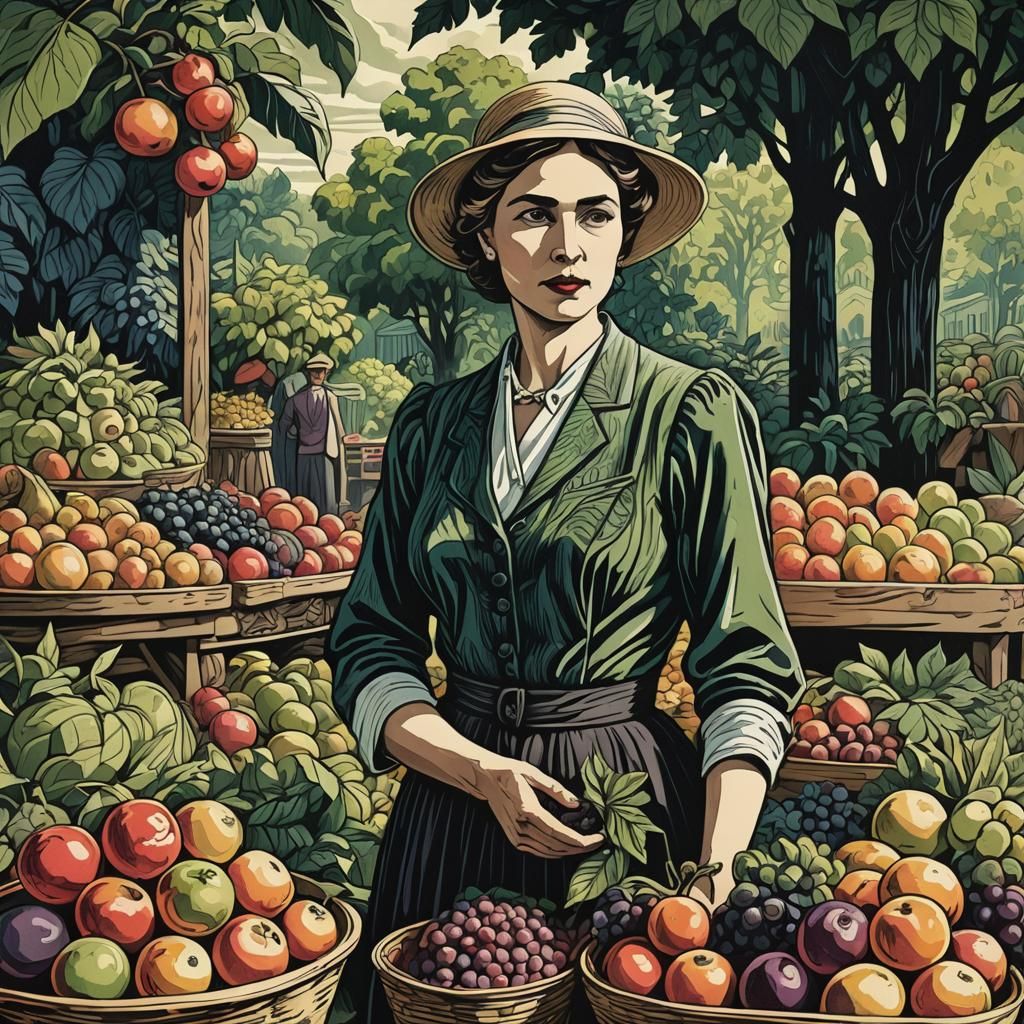 Woodcut of Woman at Fruit Stand in Art Nouveau Style