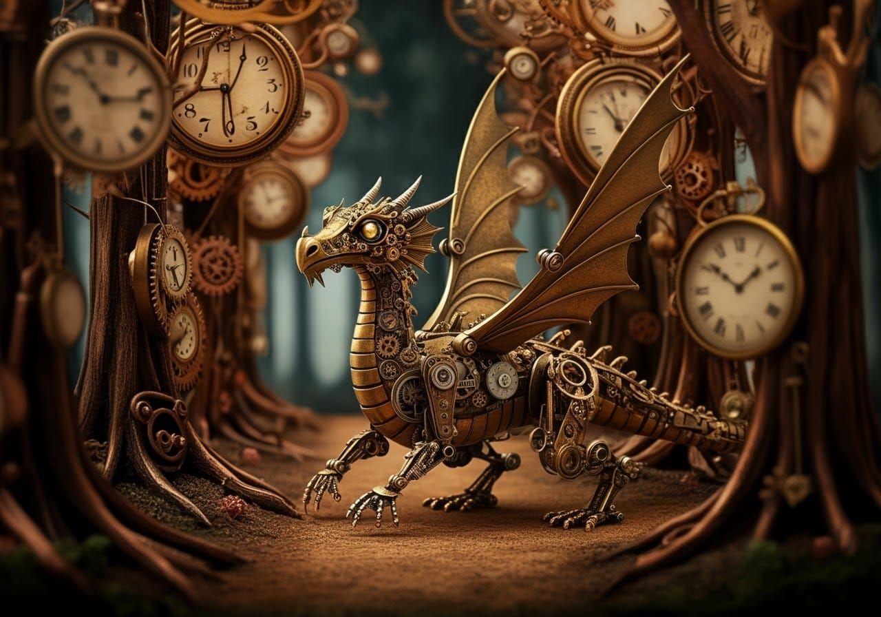 Clockwork Dragon Automaton in Steampunk Forest