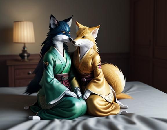 Two Kitsune Kissing in Cozy Manga Bedroom